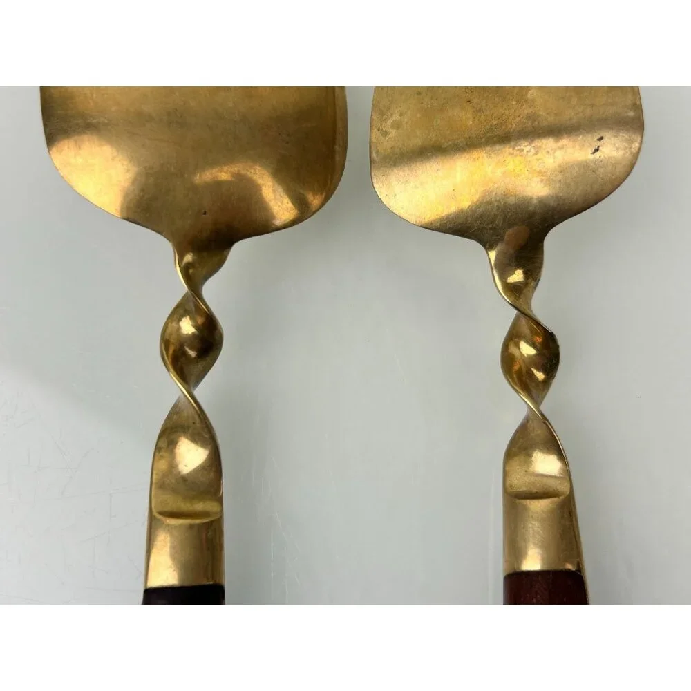 MCM Siam Gold Tone Serving Fork & Spoon Wood Handle Twist Buddha Unique Vintage